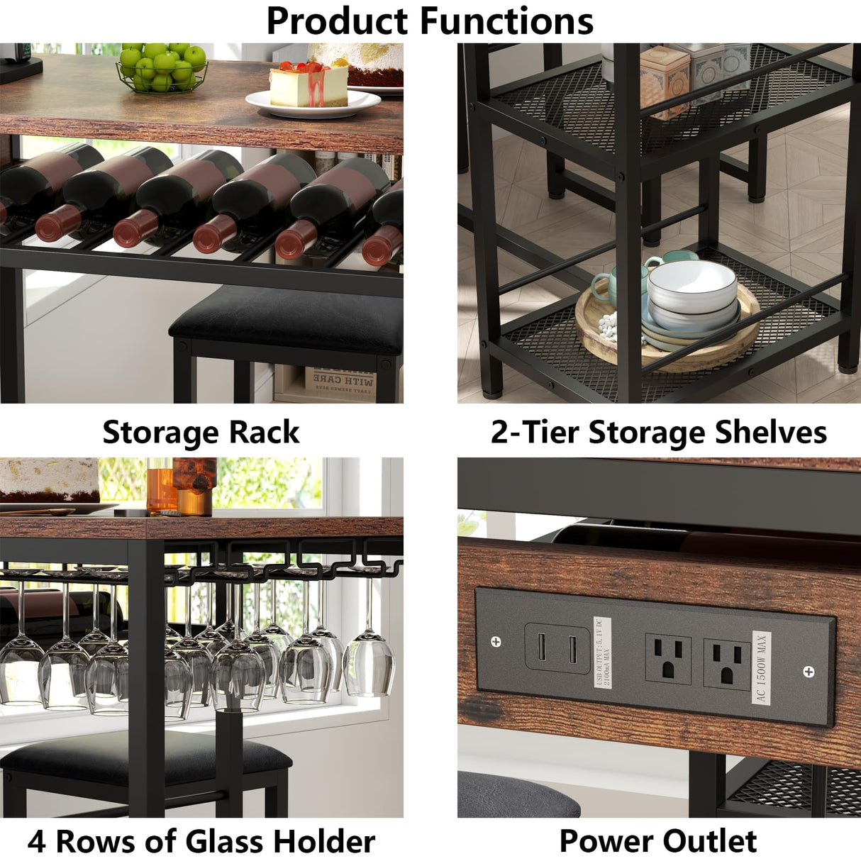 Gyfimoie Rustic Bar Table and Chair Set with Power Outlet, Storage Shelves, and Wine Rack Gyfimoie