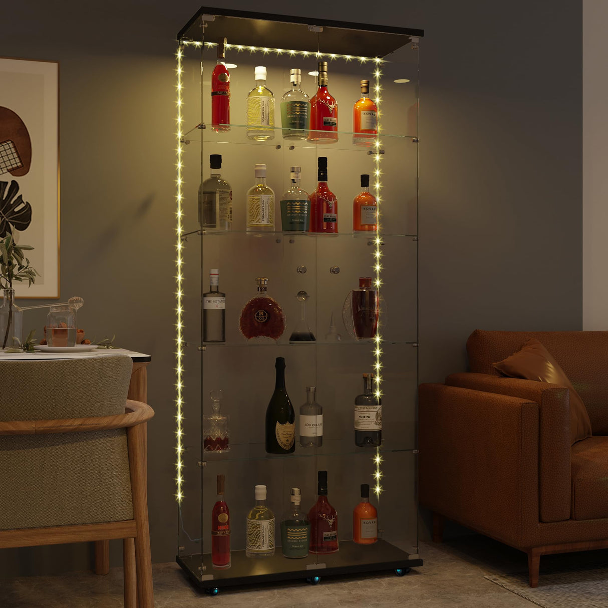 5-Shelf Glass Display Cabinet with Lights Strip & Lock Door,Curio Cabinets Collectibles Display Case,Tempered Glass Freestanding Bookshelf for Living Room Bedroom Office, 76 x 30.9 x 13.5 in,Black TehRecBT