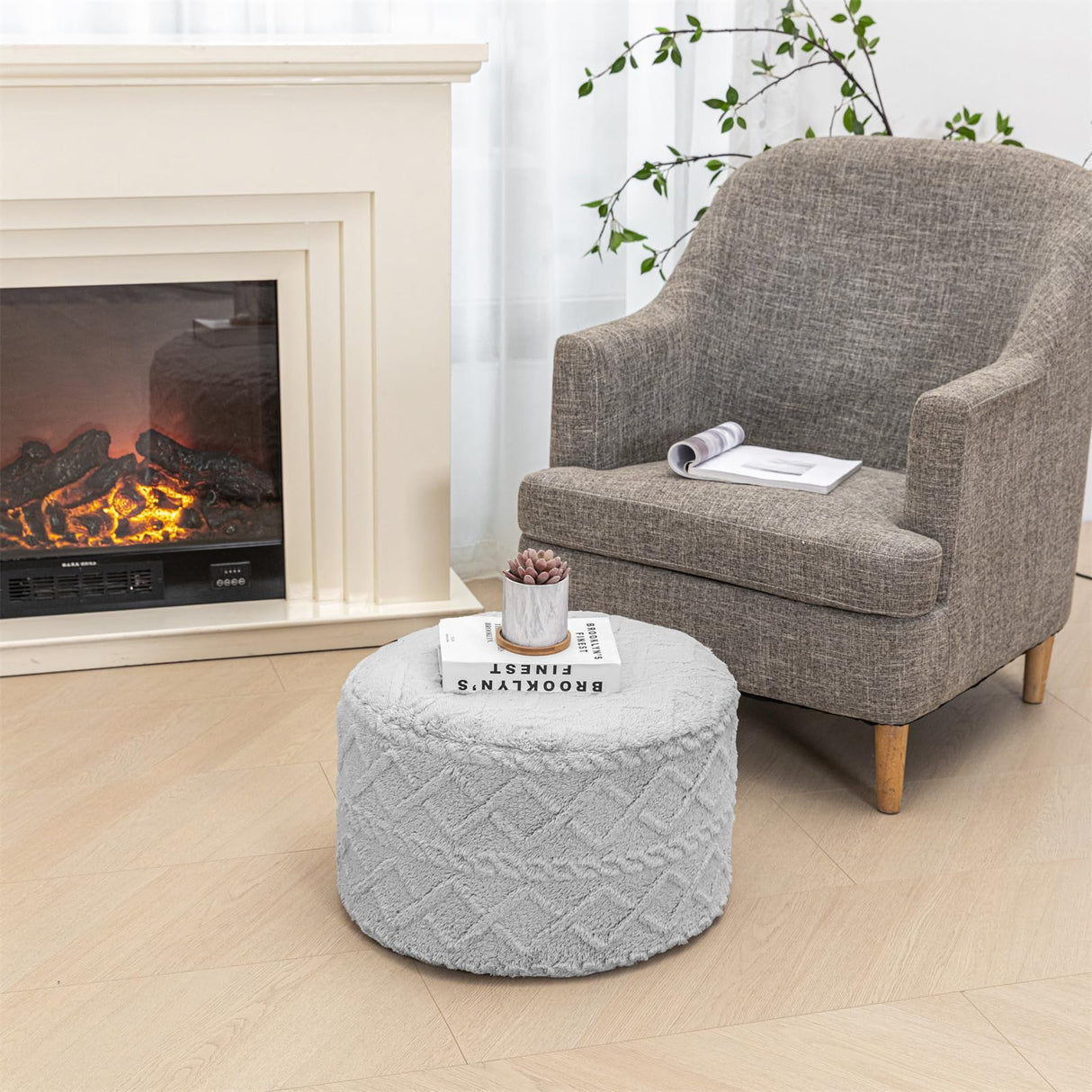 Beawelkomjo Pouf Ottoman Stuffed 20x20x12 Inches Floor Pouf Plush Fiber Ottoman Foot Rest Under Desk Foot Stool for Living Room Bedroom (Light Gray Pouf with Filler) Beawelkomjo