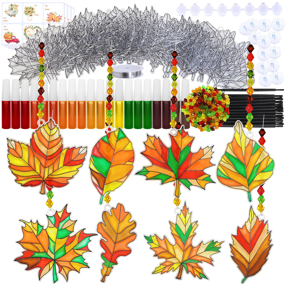 Winlyn 24 Sets Fall Leaf Suncatchers Ornaments DIY Window Paint Art Fall Craft Kits Maple Leaf Sun Catchers Painting Kits for Kids Classroom Activities Art Project Thanksgiving Autumn Party Decoration Winlyn