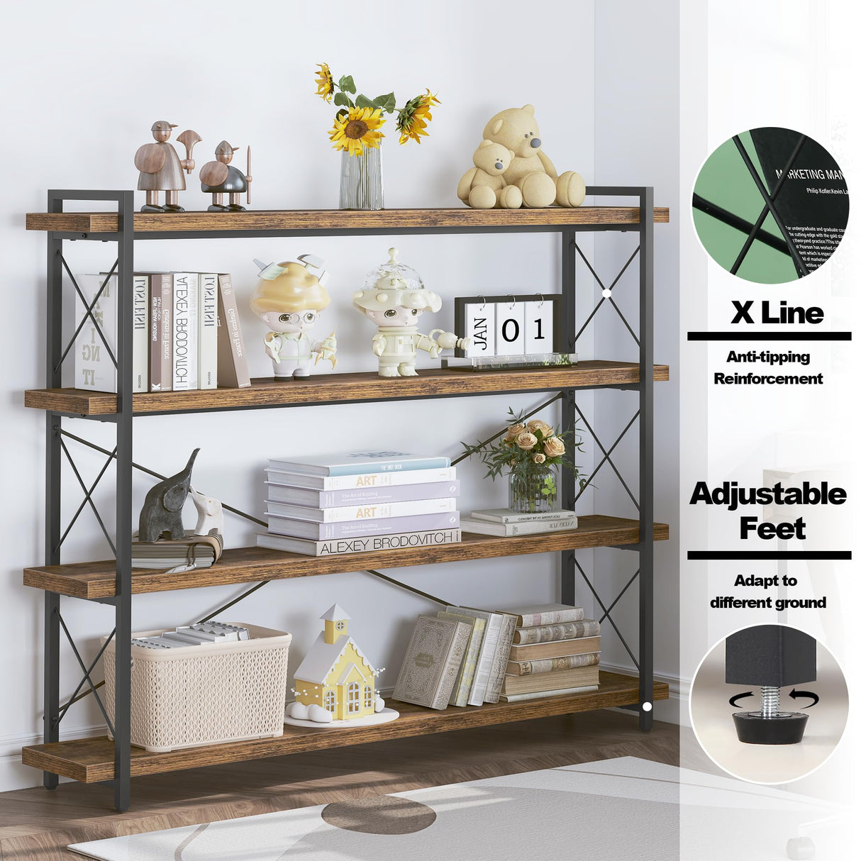 HCHQHS Large Bookshelf, 4-Tier Long Industrial Bookcase, Rustic Brown Book Shelf, Freestanding Horizontal Bookshelves with Metal Frame HCHQHS