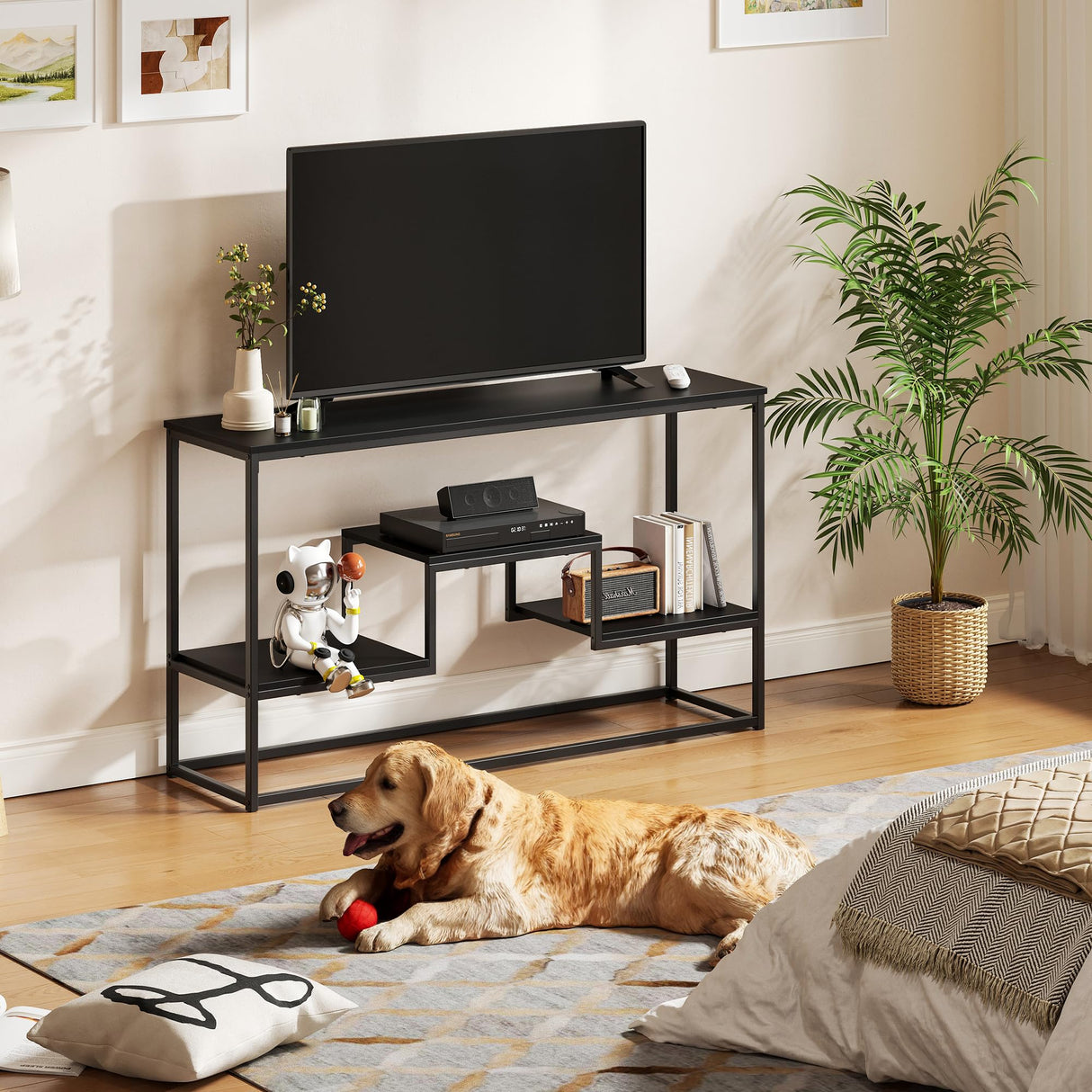 YOUDENOVA TV Stand for TVs up to 55 Inch, TV Console Table with 3-Tier Open Storage Shelves, Modern Industrial Entertainment Center for Living Room, Bedroom, Black YOUDENOVA