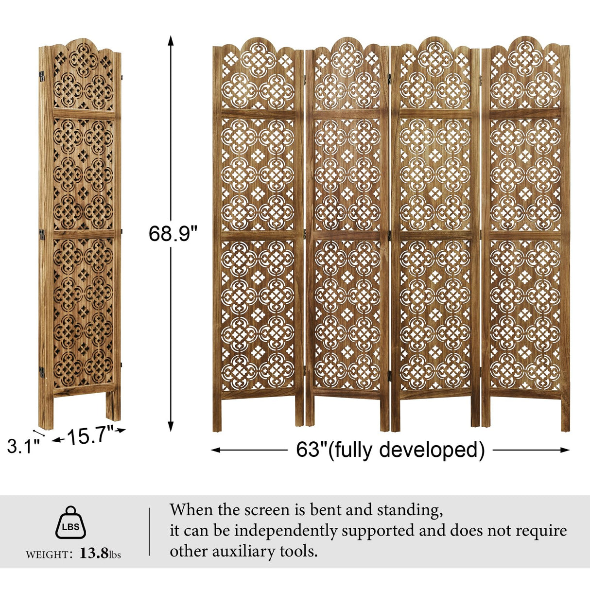 Svimi 5.75Ft Room Divider Wood Carved Wall Divider Indoor Folding Portable Partition Screen for Home Office Garden Terrace - 4 Panel (Antique Brown) Svimi