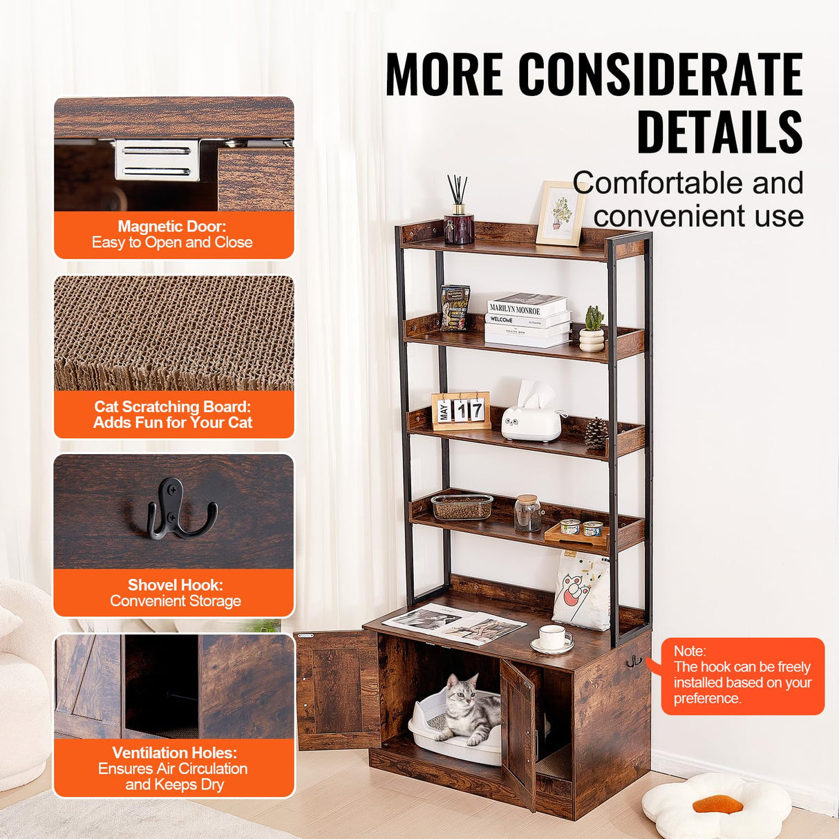 VEVOR Cat Litter Box Enclosure, Hidden Cat Box Furniture with 4 Storage Shelves, Large Cats House Cabinet Hidden Fit Most Litter Box, Wooden Cats Washroom Indoor, 33.5"L x 19.3"W x 72.3"H, Dark Brown VEVOR