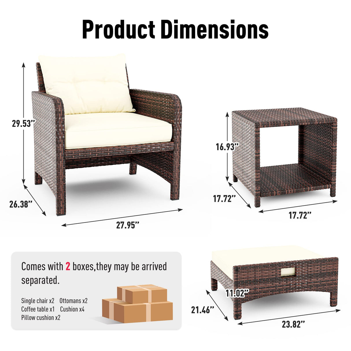 Pamapic 5 Pieces Outdoor Patio Wicker Chairs Set with Ottoman, Outside Conversation Furniture Set with Cushions and Coffee Table for Balcony Porch Lawn Garden (Cream Cushion+ Umber Rattan) Pamapic