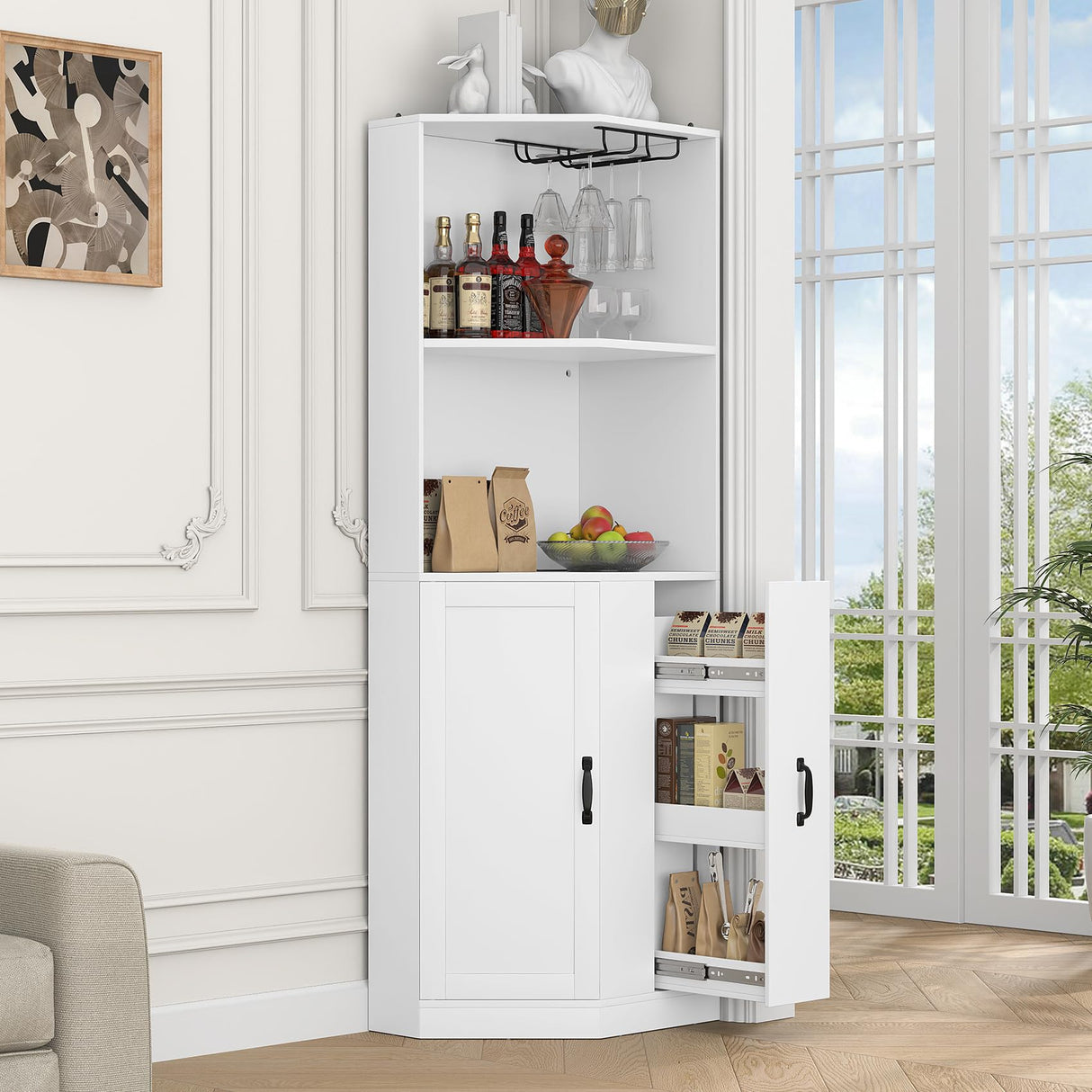 Bigbiglife 71" Corner Bar Cabinet with Power Outlet, Home Bar with LED Light and Glass Holder, Liquor Cabinet Bar Unit with Drawer for Home, Corner Display Cabinet for Living Room, Dining Room Bigbiglife