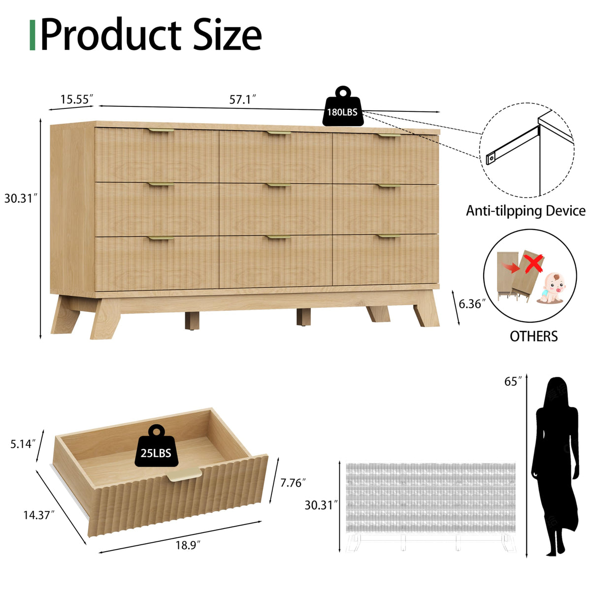 Fluted Dresser for Bedroom with 9 Drawers, 57" Wide Modern Chest of Drawers with Metal Handle, Wooden Dresser TV Stand, Wood Closet Clothes Storage Organizer for Living Room, Hallway, Natural Oak Xixini