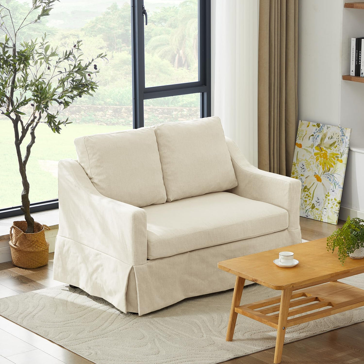 Tbfit 51" Loveseat Couch, Slipcovered Sofa, Small Sofas with Removable Cover, Pocket Spring Cushion, Mini Couches, Living Room Furniture for Home, Apartment, Farmhouse, Beige Tbfit