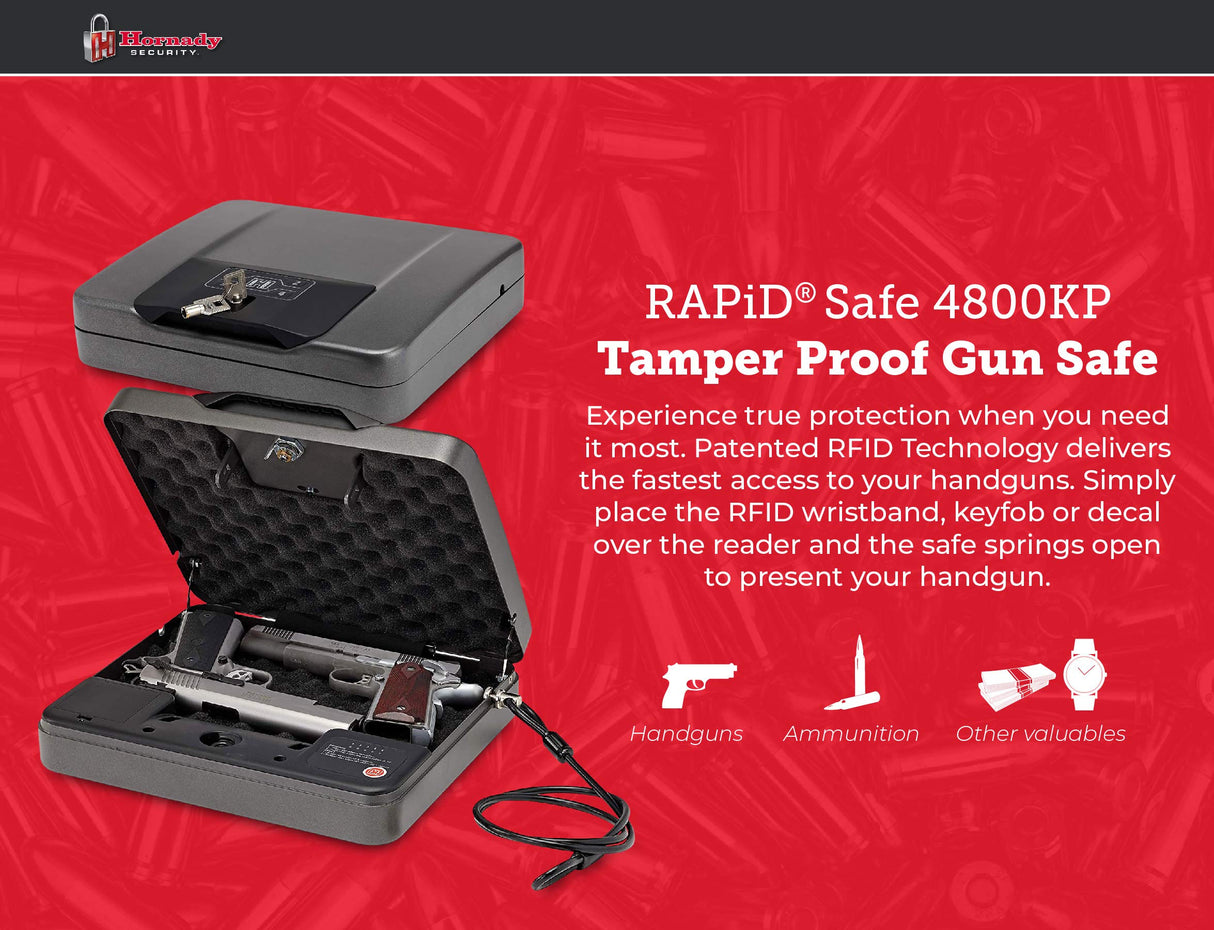 Hornady Rapid Safe 4800KP - Portable Gun Safe for Firearms - RFiD Safe for Fast, Multiple Method Entry - Includes Rapid Safe, RFiD Wristband, Key Fob, 2 Decals, 2 Barrel Keys and Security Cable Hornady