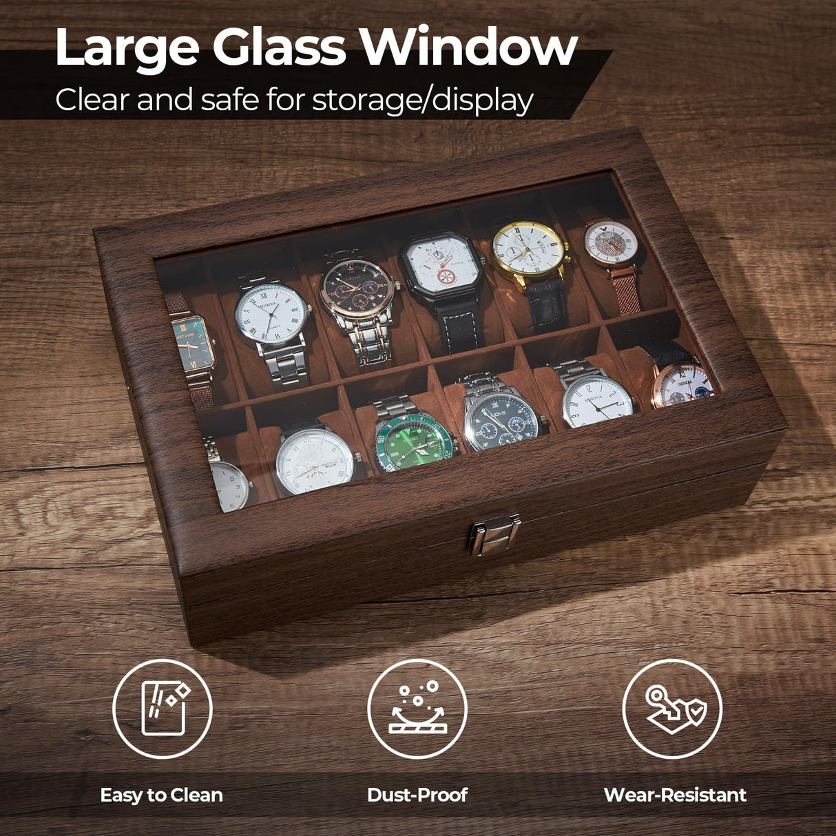 Ohuhu Watch Cases for Men, 12-Slot Watch Box Wood Grain PU Leather - Watch Case Holder Real Glass Lid Jewelry Storage Soft Velvet Watch Organizer Box for Men and Women Fathers Day Ohuhu