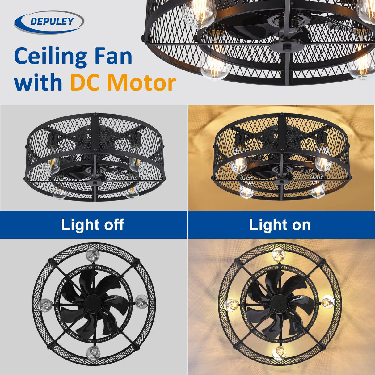 Depuley Flush Mount Ceiling Fan: 20" Caged Ceiling Fans with Lights and Remote App Control for Kitchen Bedroom Farmhouse - Rustic Low Profile Ceiling Fandelier Lights Reversible 6 Speed Timer Black Depuley