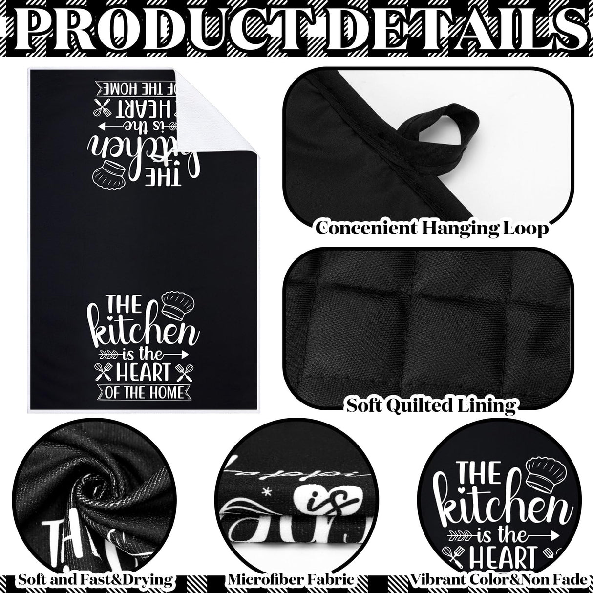 Sratte 6 Pcs Farmhouse Kitchen Towels Pot Holders Oven Mitts Set 2 Dish Towels 2 Potholders 2 Cooking Mittens Oven Glove for Baking Cooking Grilling Supply (Black) Sratte