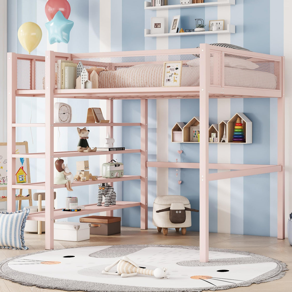 Bellemave Full Size Loft Bed with 4-Tier Shelves and Storage, Metal Loft Bed with Bookshelf, Full Size Loft Bed with Storage Stairs(with Bookshelf, Pink) Bellemave