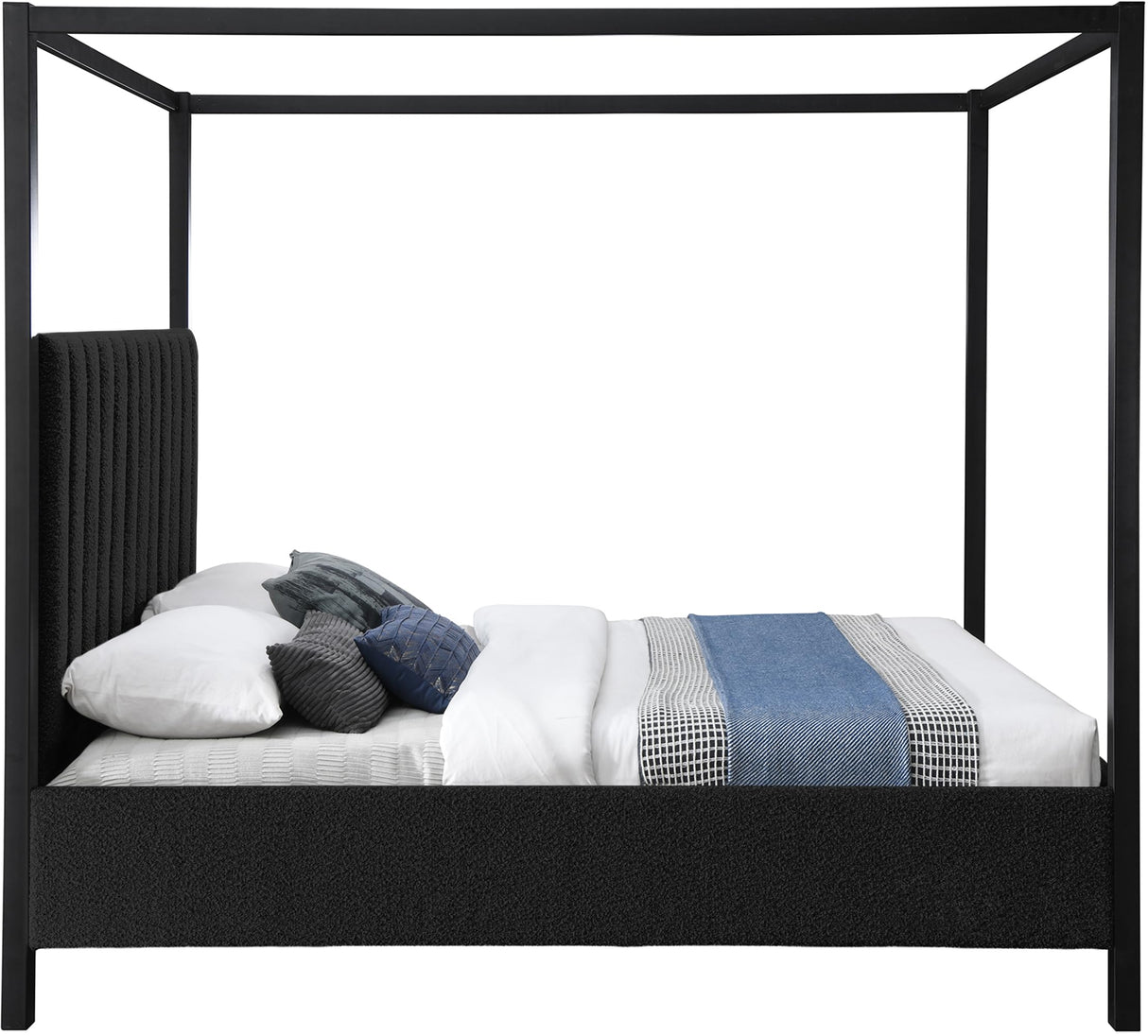 Meridian Furniture KellyBlack-K Kelly Collection Modern | Contemporary King Bed with Rich Black Boucle Fabric, Matte Black Iron Metal Frame Canopy, 78.5" W x 84.5" D x 77" H, Black, King Meridian Furniture