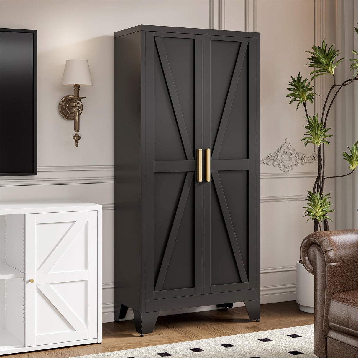 61" Tall Metal Storage Cabinet with 2 Doors and 3 Adjustable Shelves, 4-Tier Kitchen Pantry Storage Cabinet for Kitchen, Living Room, Dining Room and Office, Black LCAOPC
