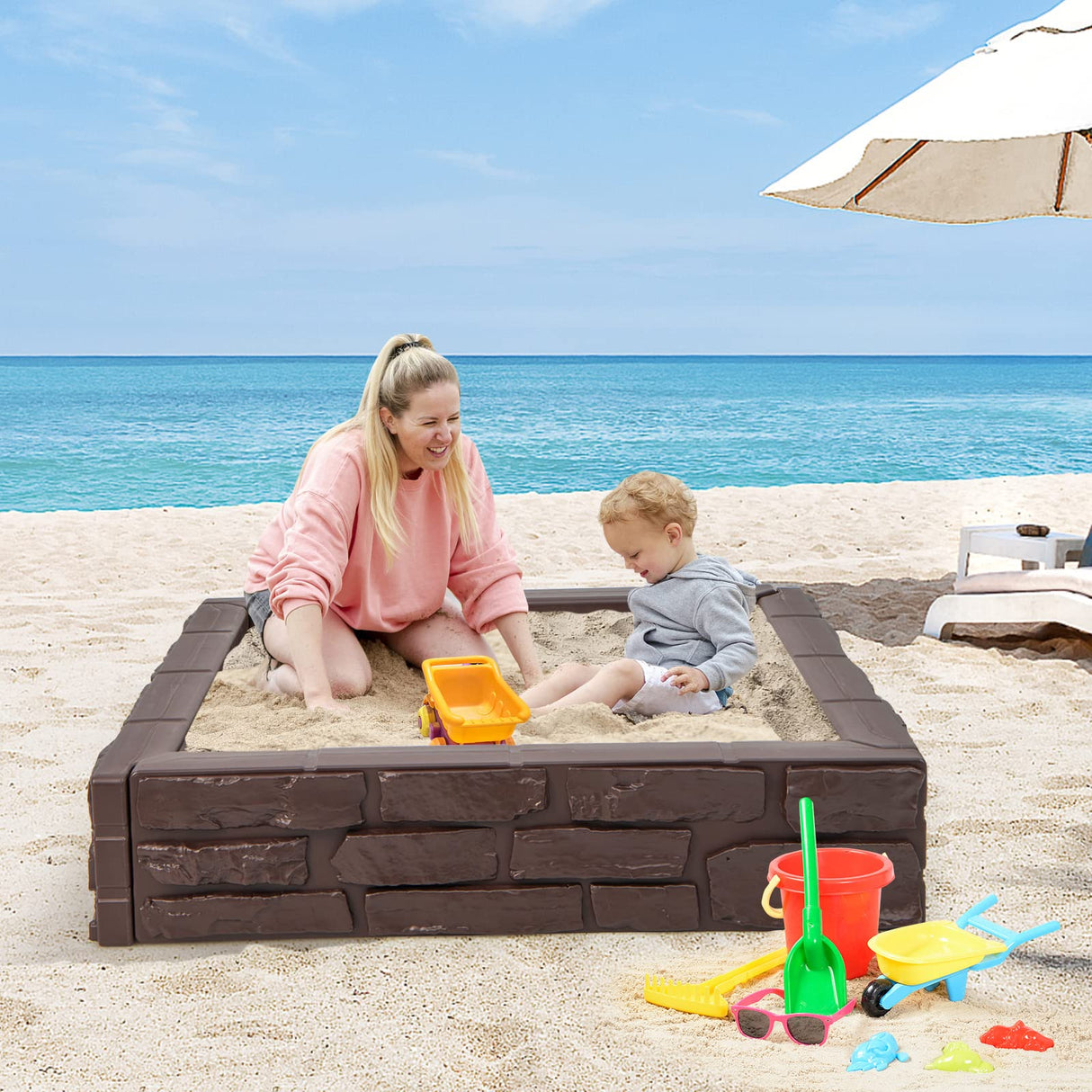 Costzon Kids Sandbox with Cover, 47"x 47" HDPE Sand Box w/Oxford Cover, Bottom Liner, Reinforced Structure, Weather Resistant Outdoor Sand Pit for Backyard Lawn Garden Beach (Brown) Costzon