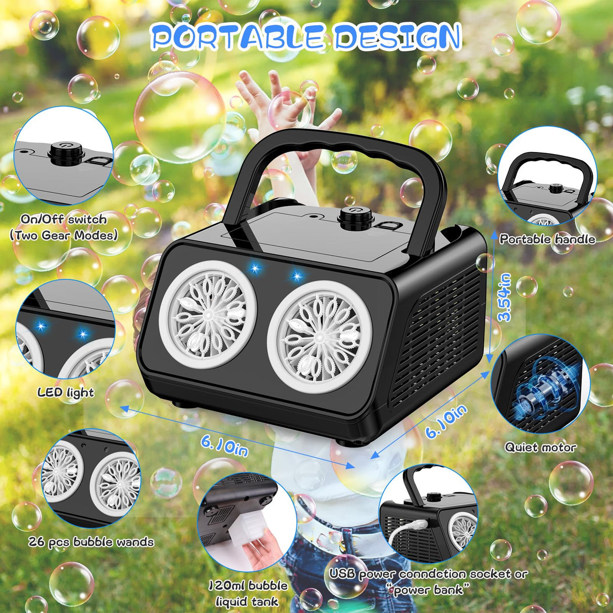 SHCKE Automatic Bubble Machine Upgrade Bubble Blower with 2 Fans, 20000+ Bubbles Per Minute Bubbles for Kids Portable Bubble Maker Operated by Plugin or Batteries for Indoor Outdoor Birthday Party SHCKE