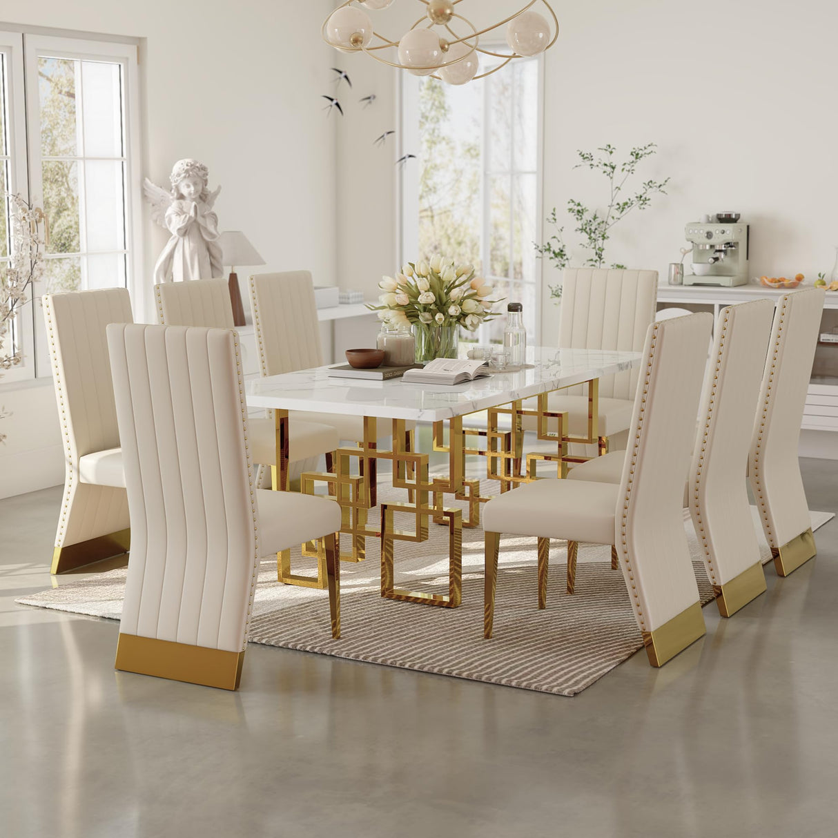 AUZ 9 Piece Dining Room Table Set with Chairs, Luxury White and Gold Dining Room Table Set for 8, 78 inch Rectangular Dining Table Set with 8 White Leather Dining Chairs AUZ
