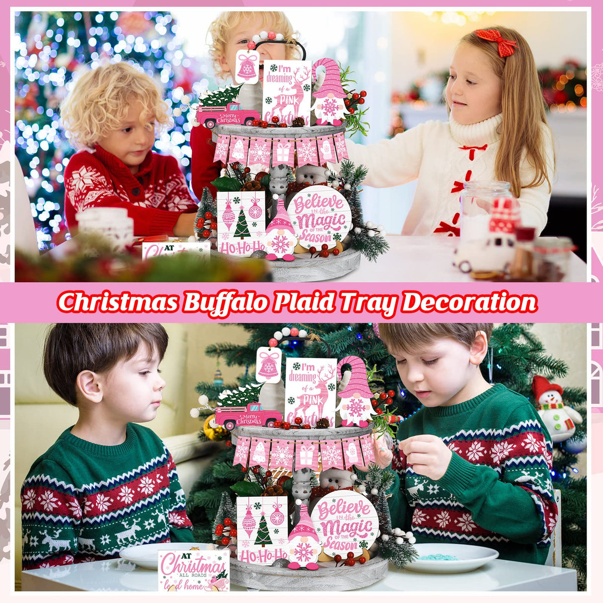 Bucherry 15 Pieces Christmas Tiered Tray Decor Gingerbread Christmas Farmhouse Table Decorations Tiered Tray Xmas Decor Set Winter Wooden Sign Tabletop for Xmas Party (Romantic Style) Bucherry