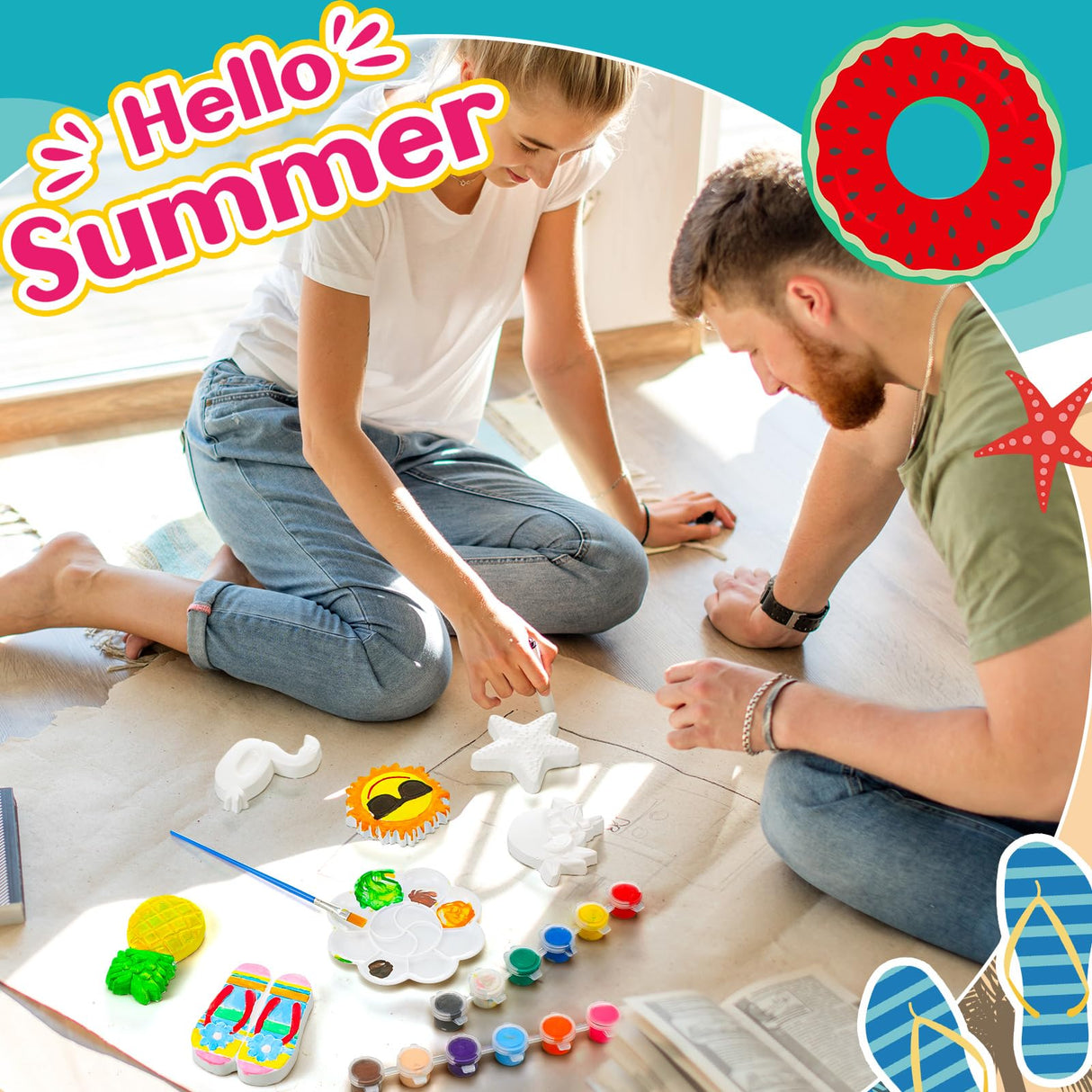 WinnerWhy 24 Pcs Summer Beach DIY Painting Ceramic Kit for Kids Paint Your Own Ceramic Unpainted Plaster Figurines with Tools for Kids Adults Home School Activity Party Favor(Summer) WinnerWhy