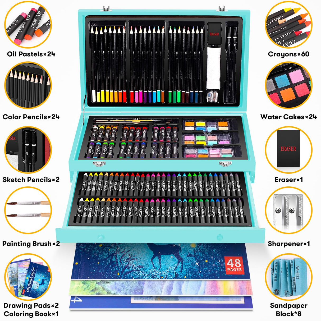 iBayam Art Supplies, 150-Pack Deluxe Wooden Art Set Crafts Drawing Painting Kit with 1 Coloring Book, 2 Sketch Pads, Creative Gift Box for Adults Artist Beginners Kids Girls Boys iBayam