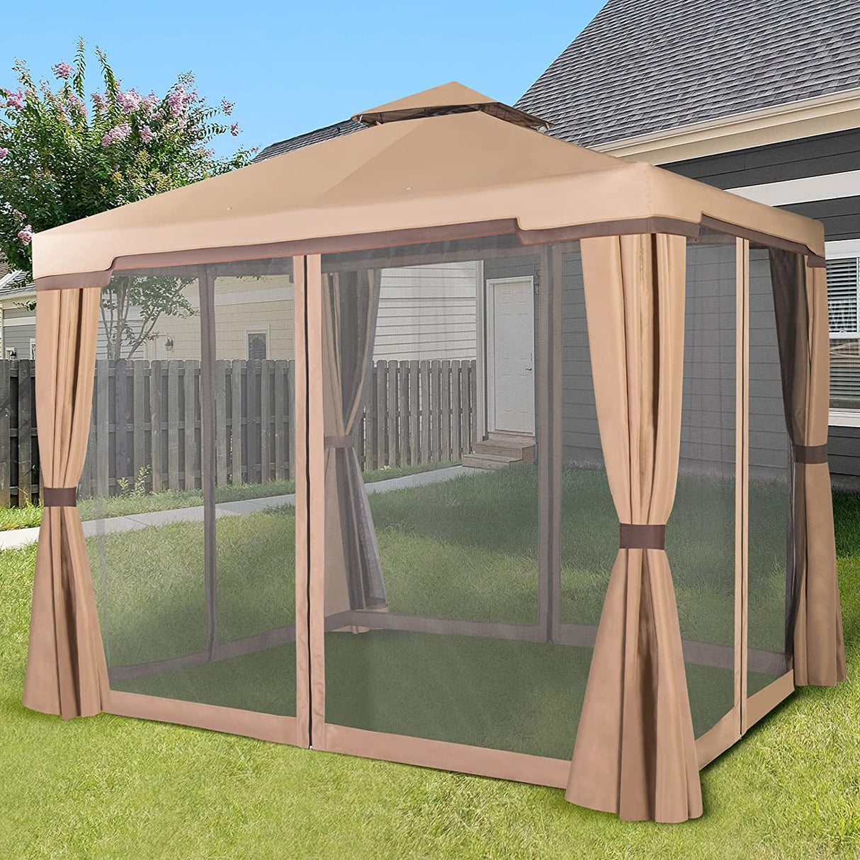 SUNCROWN 10 x 10 FT Outdoor Gazebo for Patio Iron Frame Garden Permanent Gazebo with Vented Soft Canopy and Mosquito Netting, Khaki SUNCROWN