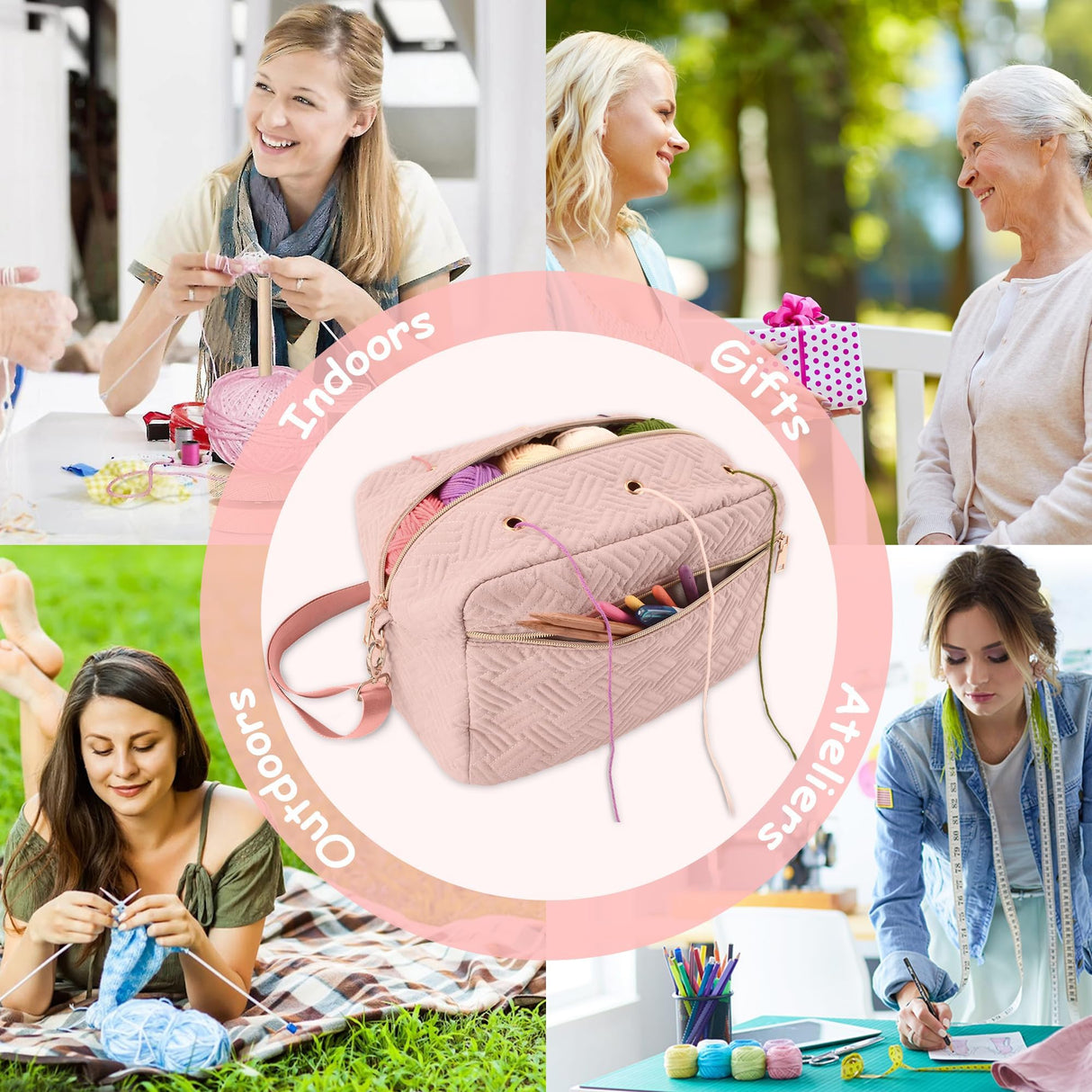 Crochet Bag Organizer, Yarn Storage Organizer, Yarn Holder for Crochet with Adjustable Shoulder Straps, Knitting Bag for crocheting, Crochet Hook Case Gifts for Crocheters (Pink) Uawsyut