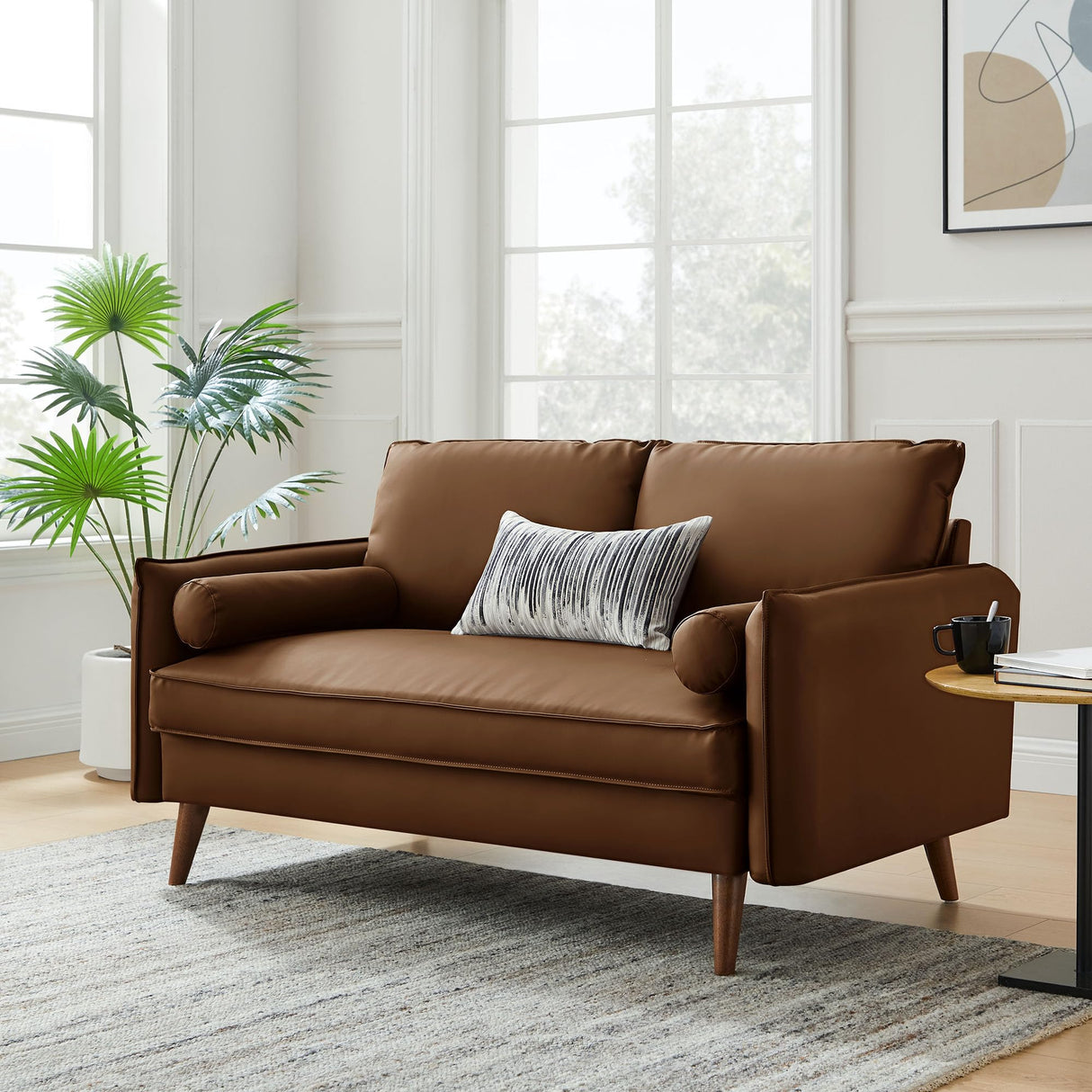 Modway Revive 59 Inch Faux Leather Loveseat in Brown – Mid Century Modern Upholstered Loveseat with Gold Legs - Small Space Sofa for Living Room, Office, or Apartment Modway