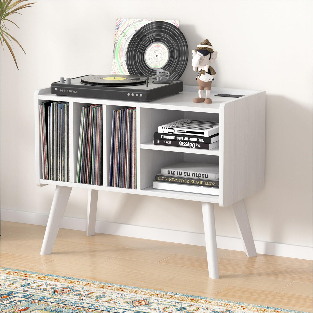 Forevich Record Player Stand Table with Vinyl Storage Holder Large Turntable Record Stand with Power Outlet Holds Up to 220 Albums Display Shelf Cabinet with Wood Legs for Living Room White Forevich