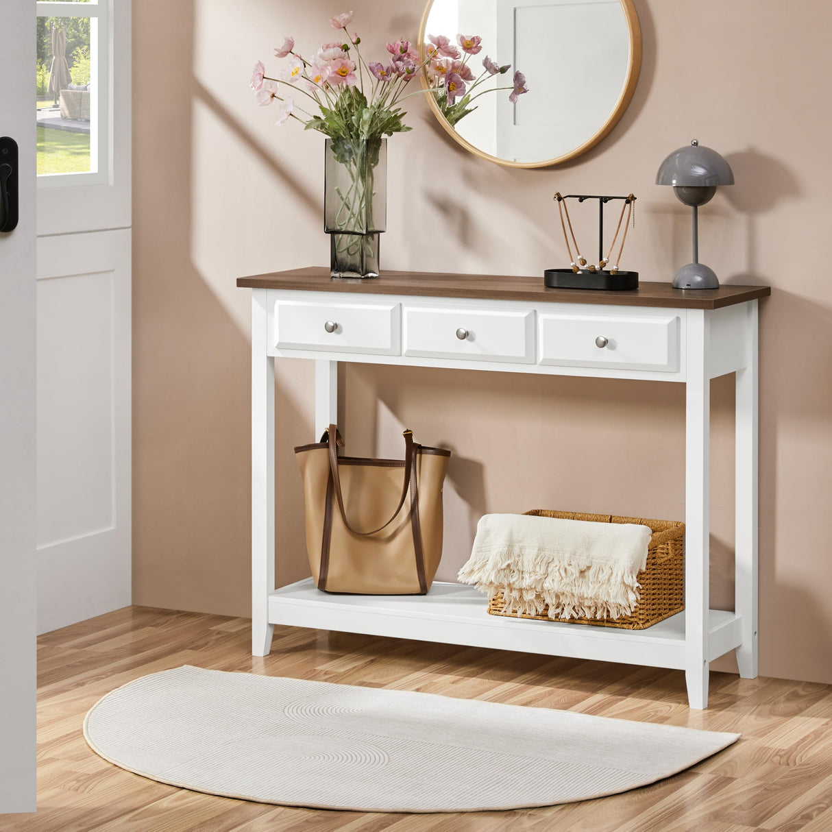 Yaheetech Farmhouse Console Table with 3 Drawers, Vintage Entryway Table with Storage Shelves, Narrow Long Sofa Table for Living Room, Hallway, Kitchen, Foyer, Hallway, Dining Room, White Yaheetech