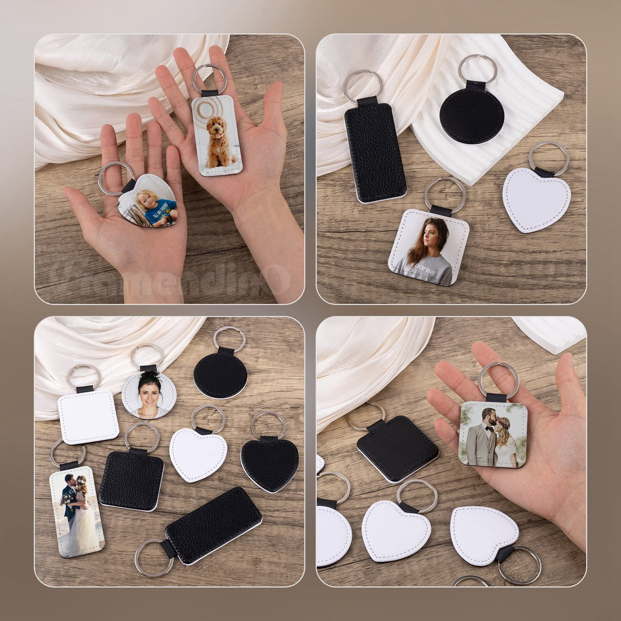 Framendino, 8 Pack Sublimation Blanks Keychain PU Leather Keychain Heat Transfer Key Rings Heart Round Square Rectangle Key Chains for DIY Craft Framendino