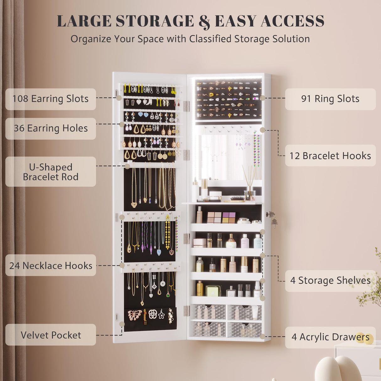 Vlsrka 47.2" LED Jewelry Mirror Cabinet, Wall/Door Mounted Jewelry Armoire Organizer with Full-Length Mirror, Large Capacity Storage Hanging Cabinet, 4 Drawers, 5 Shelves, Built-in Lighted Mirror Vlsrka