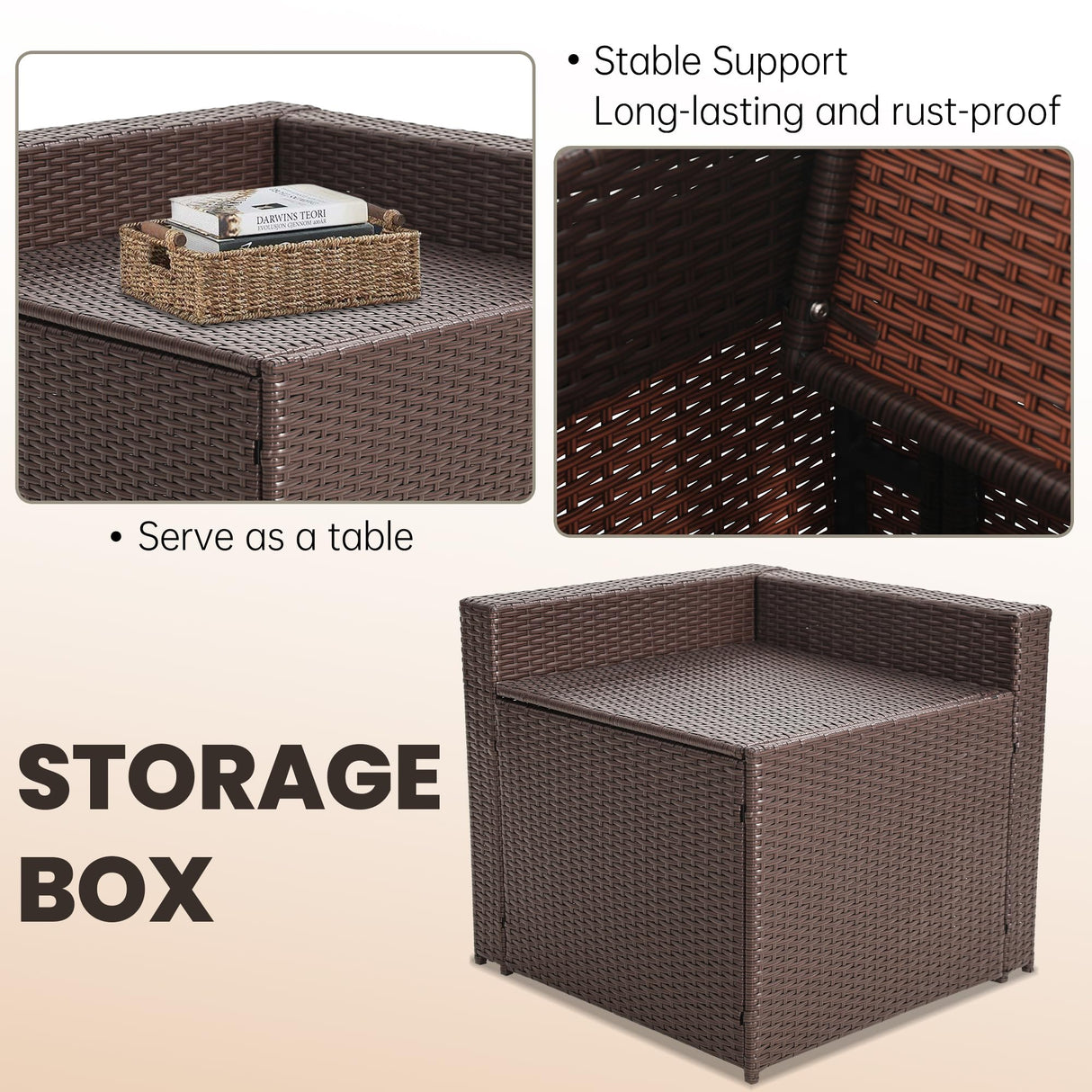 KROFEM 8 Pieces Outdoor Wicker Rattan Patio Furniture Sectional Set, Glass Top Table with Hidden Storage, 7 Sofa Sections, Oversized Cushions, Brown Color Rattan with Beige Cushion KROFEM