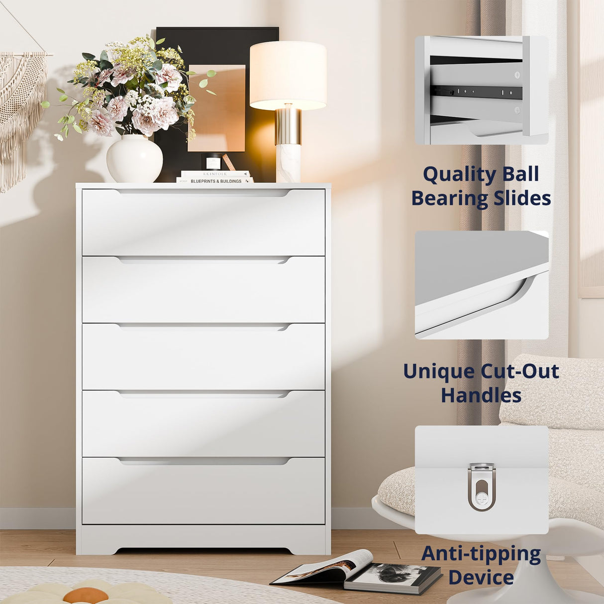 Cozy Castle 5 Drawer Dressers, Modern Chest of Drawers Large Organizer, Wood Accent Storage Cabinet for Living Room, Home Office, Entryway, White Cozy Castle