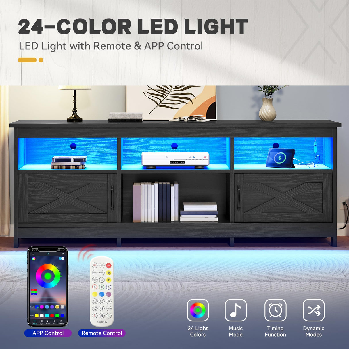 YITAHOME TV Stand for 80/75/70 Inch TVs with LED Lights, Farmhouse Entertainment Center with Storage Cabinets, Open Shelves & Adjustable Shelf for Living Room, Black YITAHOME