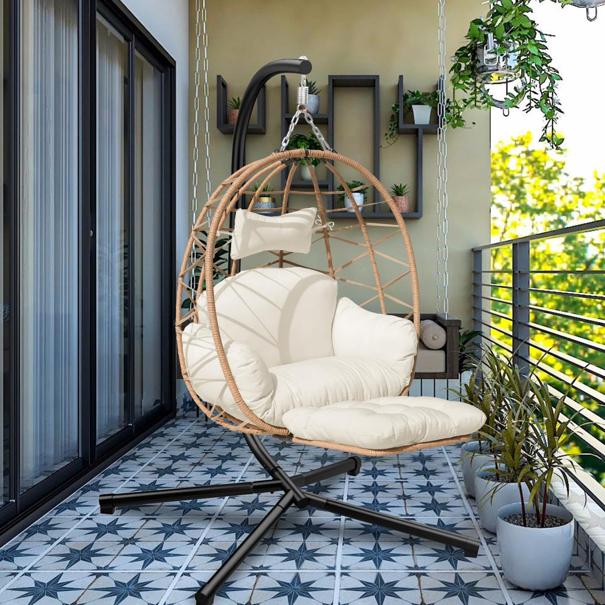 Indoor Outdoor Hanging Egg Chair with Stand & Leg Rest – Heavy-Duty Steel Frame, Handwoven Rattan Swing Chair for Patio, Garden, Bedroom – 350 lbs Capacity, Ergonomic Design (White) Nevsokio