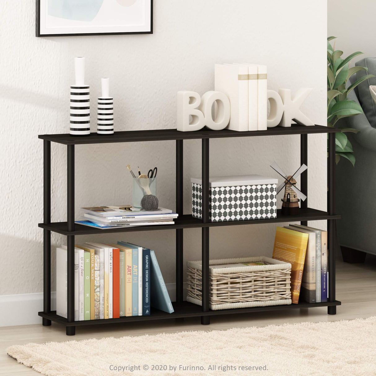 Furinno TURN-N-TUBE Storage Shelves, 3-Tier 47.4 Wide Book Shelf, Corner Shelf, Toolless Open Shelves, for Organization and Storage, Living Room, Garage, Home Office, Espresso Furinno