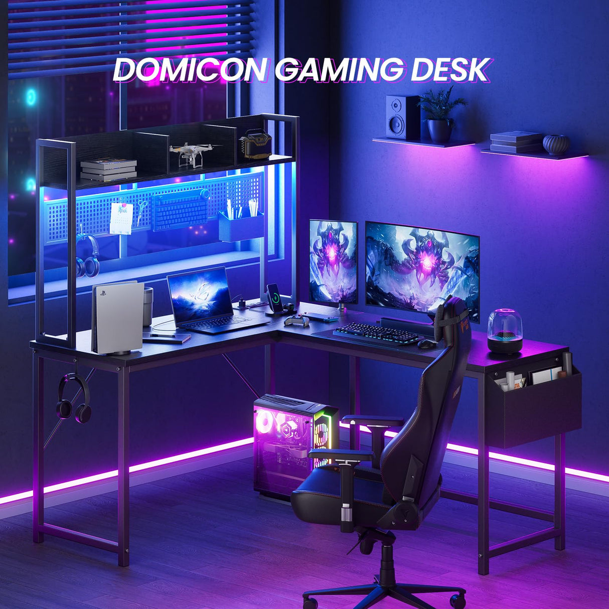 DOMICON Gaming Desk Computer Desk with Storage, L Shaped Desk with Power Outlet & LED Strip, Office Desk with Pegboard, Corner deck for Home Office Black DOMICON