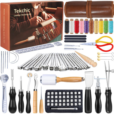 Leather Working Tools Craft Kit for Carving Stamping Sewing Punching Cutting with Storage Bag Professional Leather Tooling kit for DIY Crafting