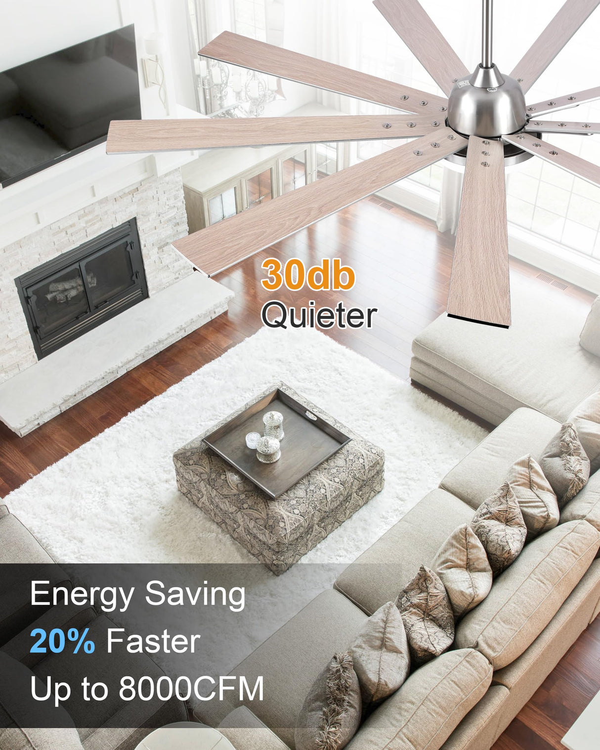 POCHFAN 72 inch Ceiling Fans with Lights and Remote, Large Ceiling fan with 9 Wooden Blades for Kitchen Living Room Indoor or outdoor Patio,Quiet 3 CCT,6 Speed, Brushed Nickel POCHFAN