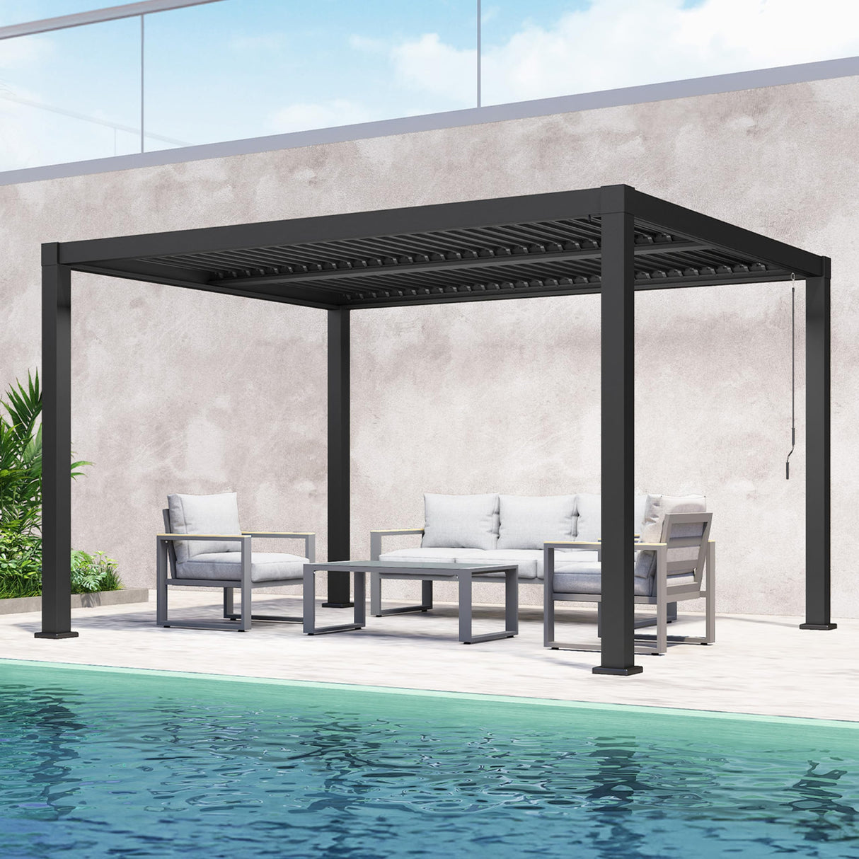 Louvered Pergola 10'x12', Full Aluminum Outdoor Pergola with Adjustable Rainproof and Gutter System, Hardtop Gazebo for Patio, Deck, Garden, Yard, Black FansaFurn