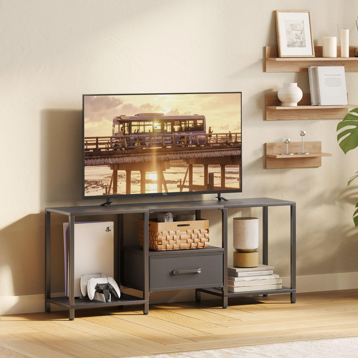 JARHETUN TV Stand with Fabric Drawer for 55 Inch TV, Entertainment Center with Open Shelves, Media TV Console Table for Living Room, Bedroom, Black JARHETUN