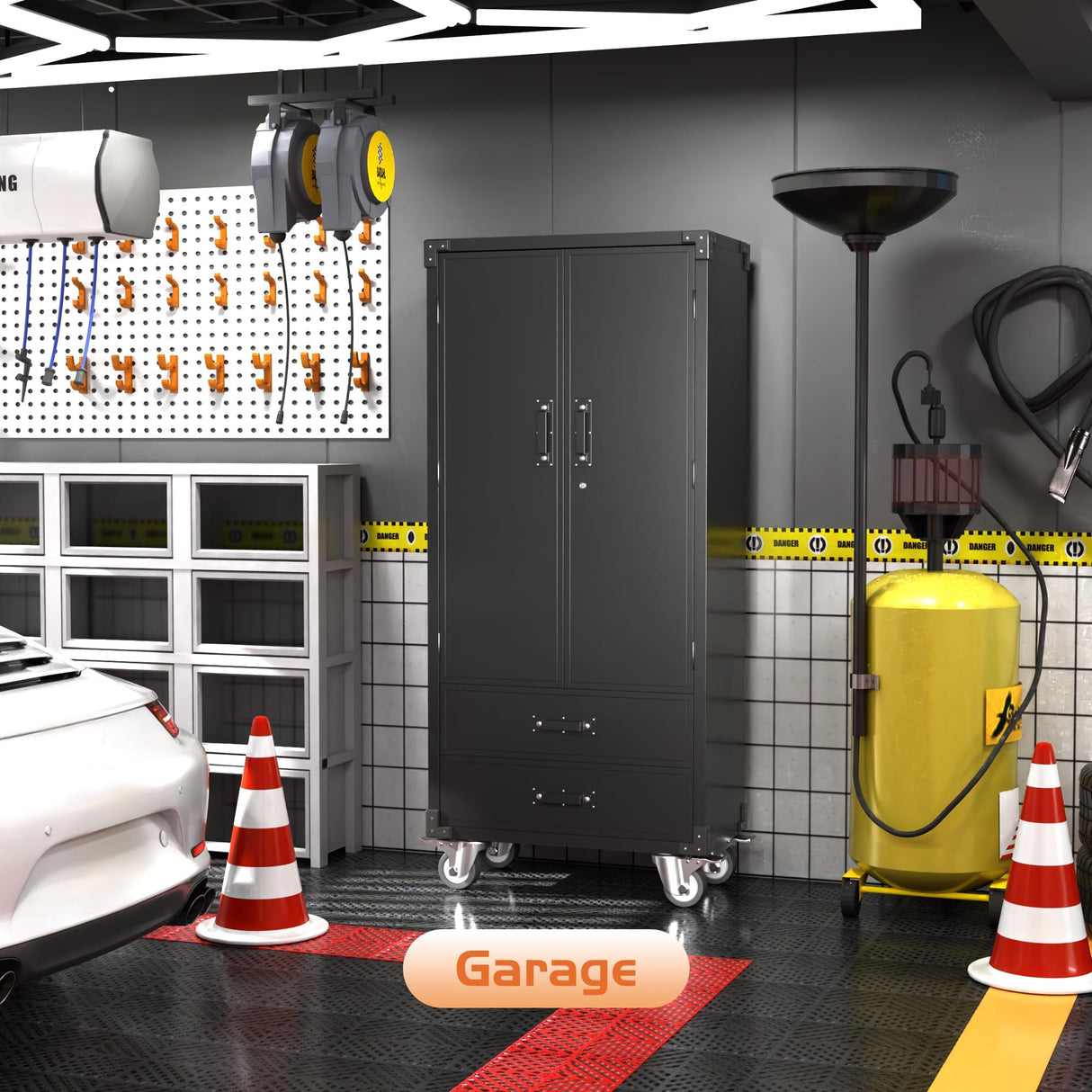 Aobabo Garage Storage Cabinet with 2 Drawers, Lockable Garage Storage Cabinet with Wheels for Garage Home Storage,Black,Required Assembly Aobabo