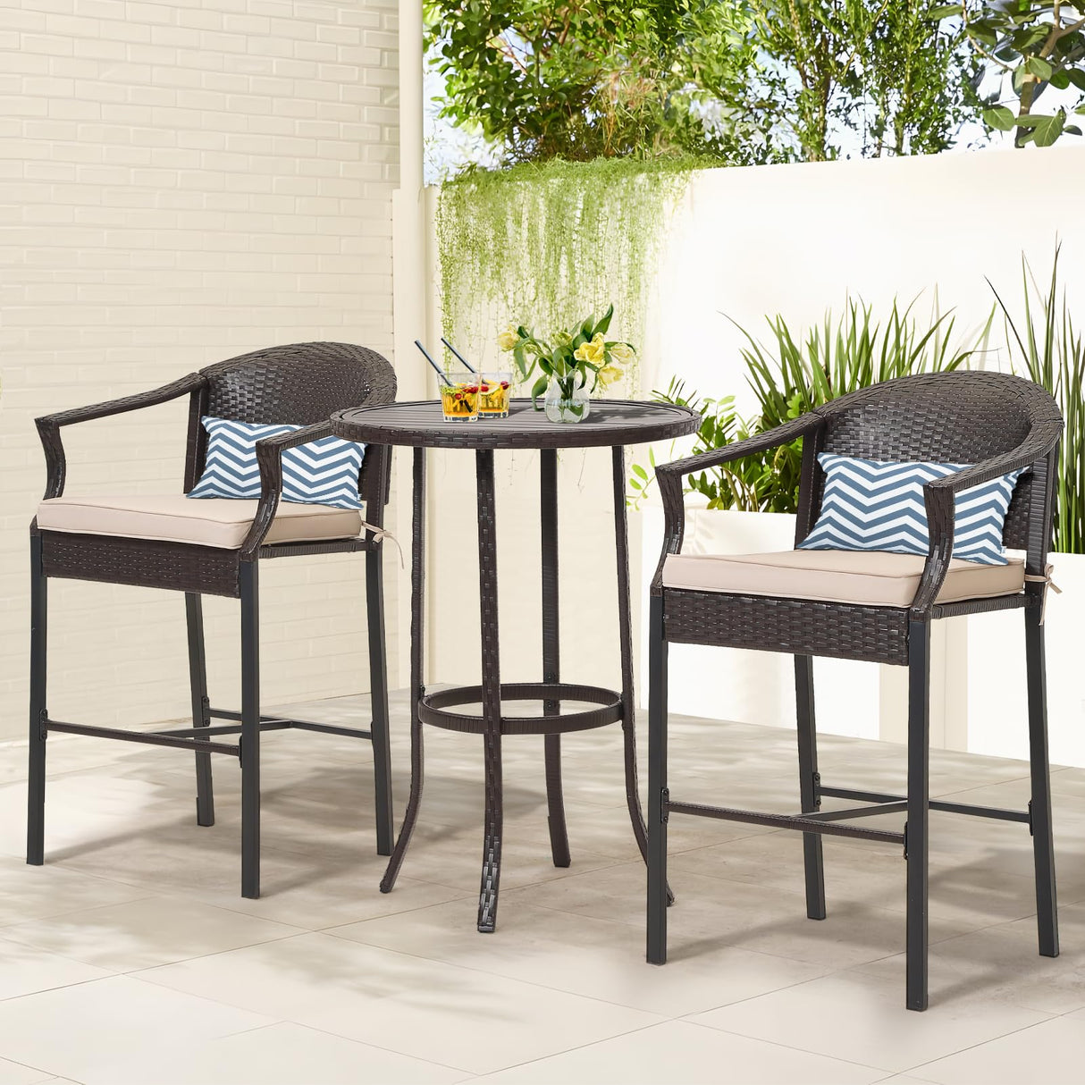 FHFO 3 Piece Outdoor Patio Heigh Bar Table and Chairs Set, Wicker Bar Height Bistro Table Set of 2, All-Weather Rattan Height Bar Stools w/Cushions & Metal Table Top for Porch, Garden, Balcony-Beige FHFO