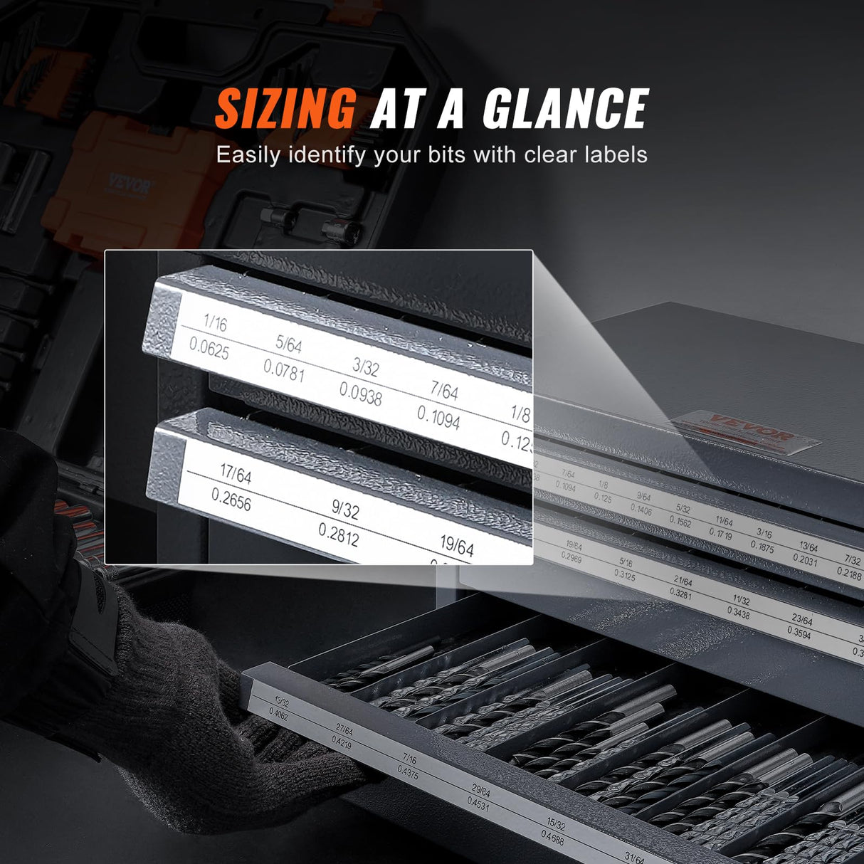VEVOR Drill Bit Dispenser Cabinet, Three-Drawer Drill Bit Dispenser, Drill Bit Organizer Cabinet, Drill Dispenser Organizer Cabinet for Jobber Length Fractional Size 1/16" to 1/2" in 1/64" Increments VEVOR