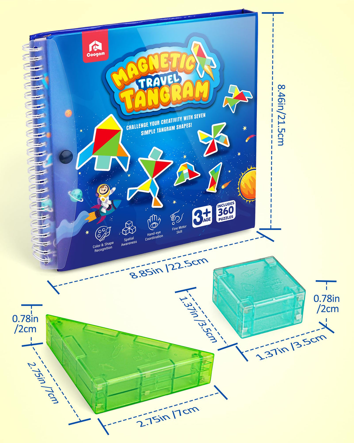 Coogam Magnetic Travel Tangram Puzzle with 3D Building Blocks, Road Trip Pattern Shape Handwriting Jigsaw Books with 360 Brain Teasers, Montessori Educational Toy Gift for Kids Adults Coogam