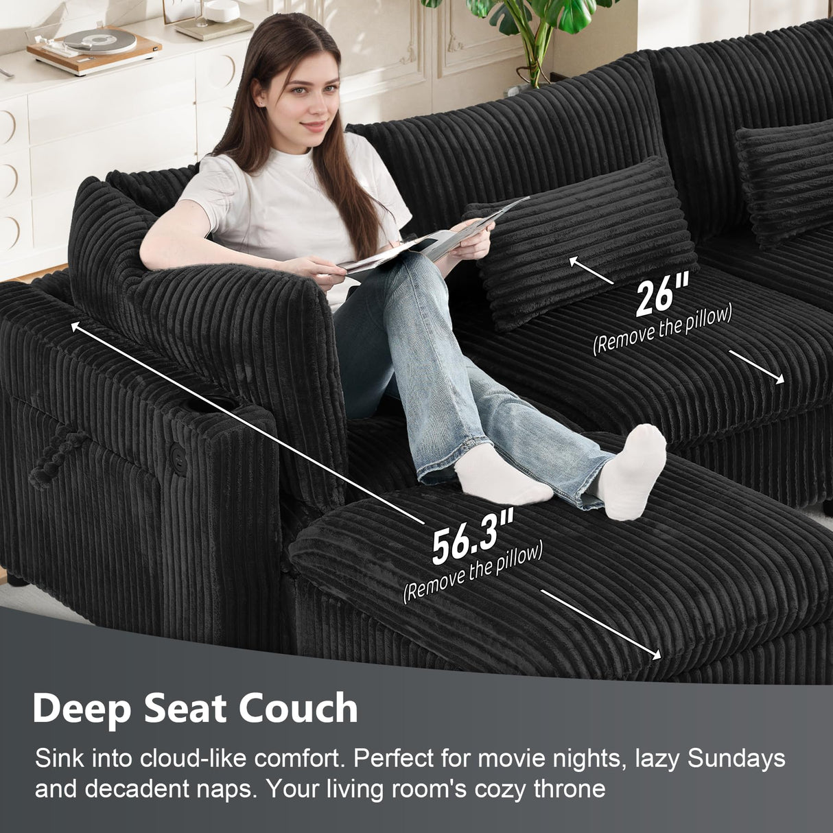 130" Oversized Cloud Couch Large Modular Sectional Sofa Modern U Shaped Sectional Couch 6 Deep Seat Sofa Set for Living Room Comfy Plush Corduroy Cloud Sofa with Ottoman, USB Port, Cup Holder, Black ONEMMLION