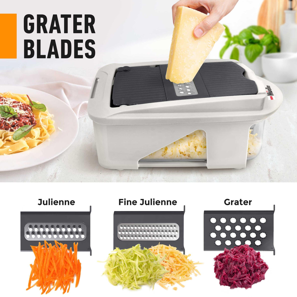 Mueller Pro-Series All-in-One, 12 Blade Mandoline Slicer for Kitchen, Food Chopper, Vegetable Slicer and Spiralizer, Cutter, Dicer, Grater, Kitchen Gadgets Sets with Container, White Sand/Gray Mueller