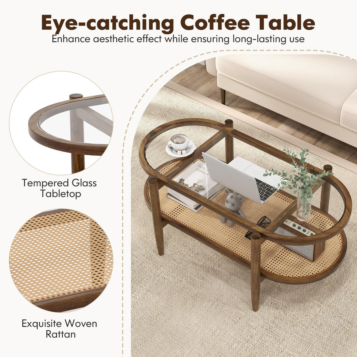 NAFORT 2-Tier Glass Coffee Table, 40" Oval Center Table with Tempered Glass Top, PE Wicker Storage Shelf, Farmhouse Modern Boho Tea Table for Living Room, Office, or Balcony (Bohemian, Brown)