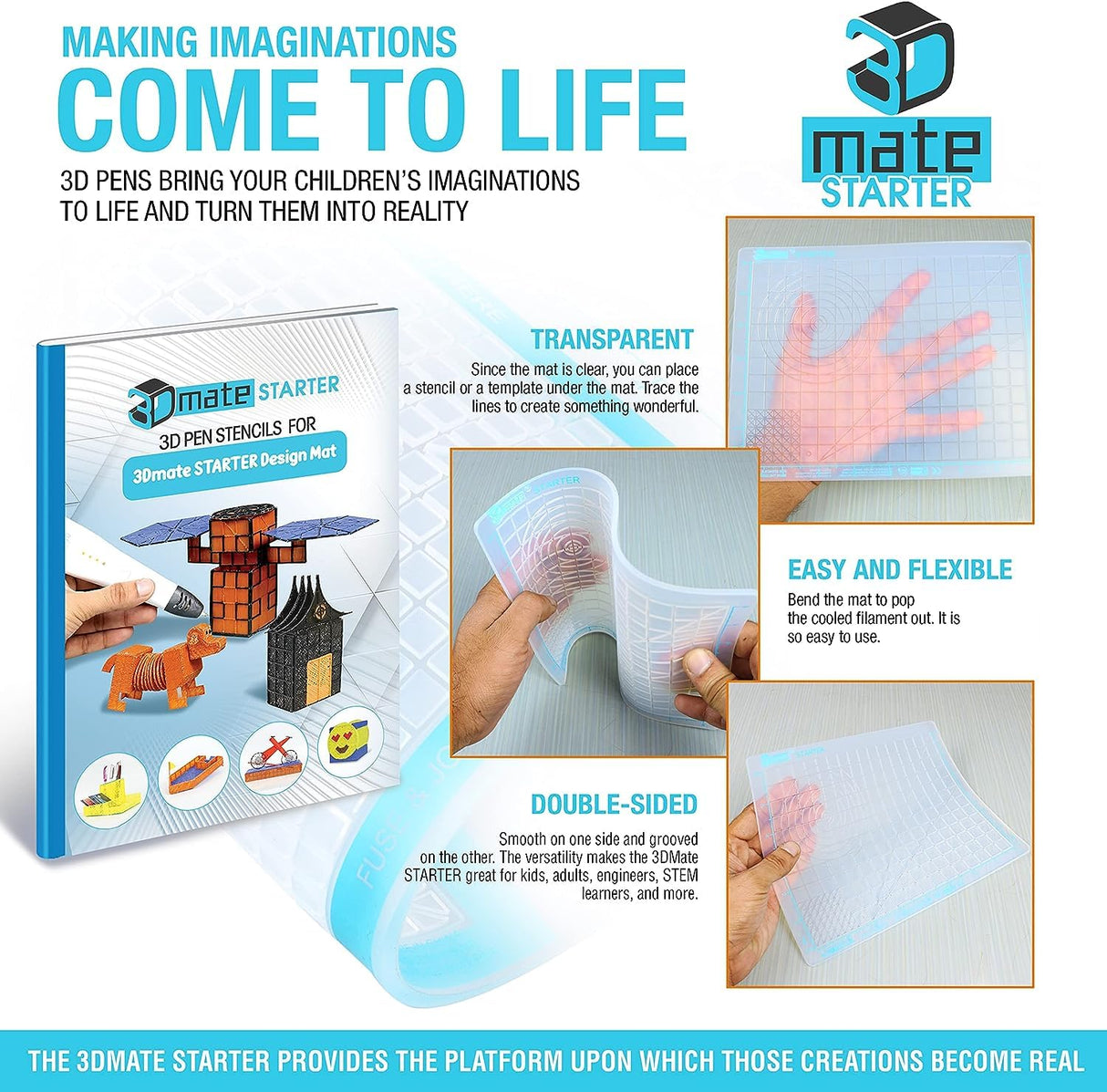 3Dmate Starter - Transparent 3D Pen Mat 9 x 7 Inches with Compatible Stencils Book - Flexible Two-Sided Heat-Resistant Silicone - 3D Pen Accessories - Templates for Kids, Adults 3Dmate